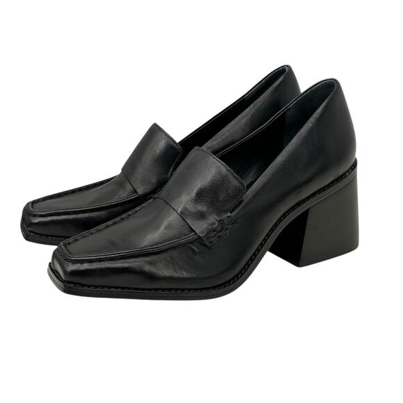 Vince Camuto Segellis Leather Heeled Loafer Women’s SZ 9 Black Schoolgirl Career - Picture 1 of 10